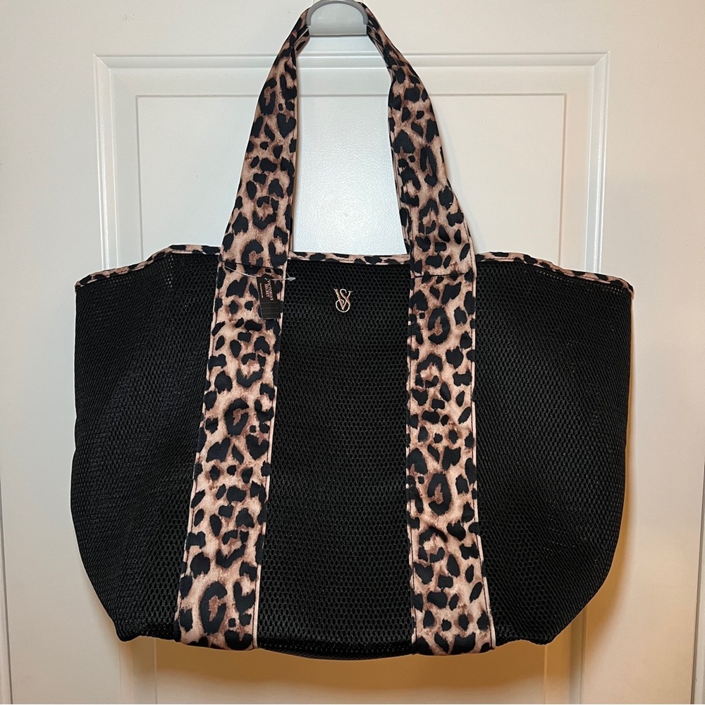 Victoria's Secret Black and Leopard Print Mesh Tote Bag